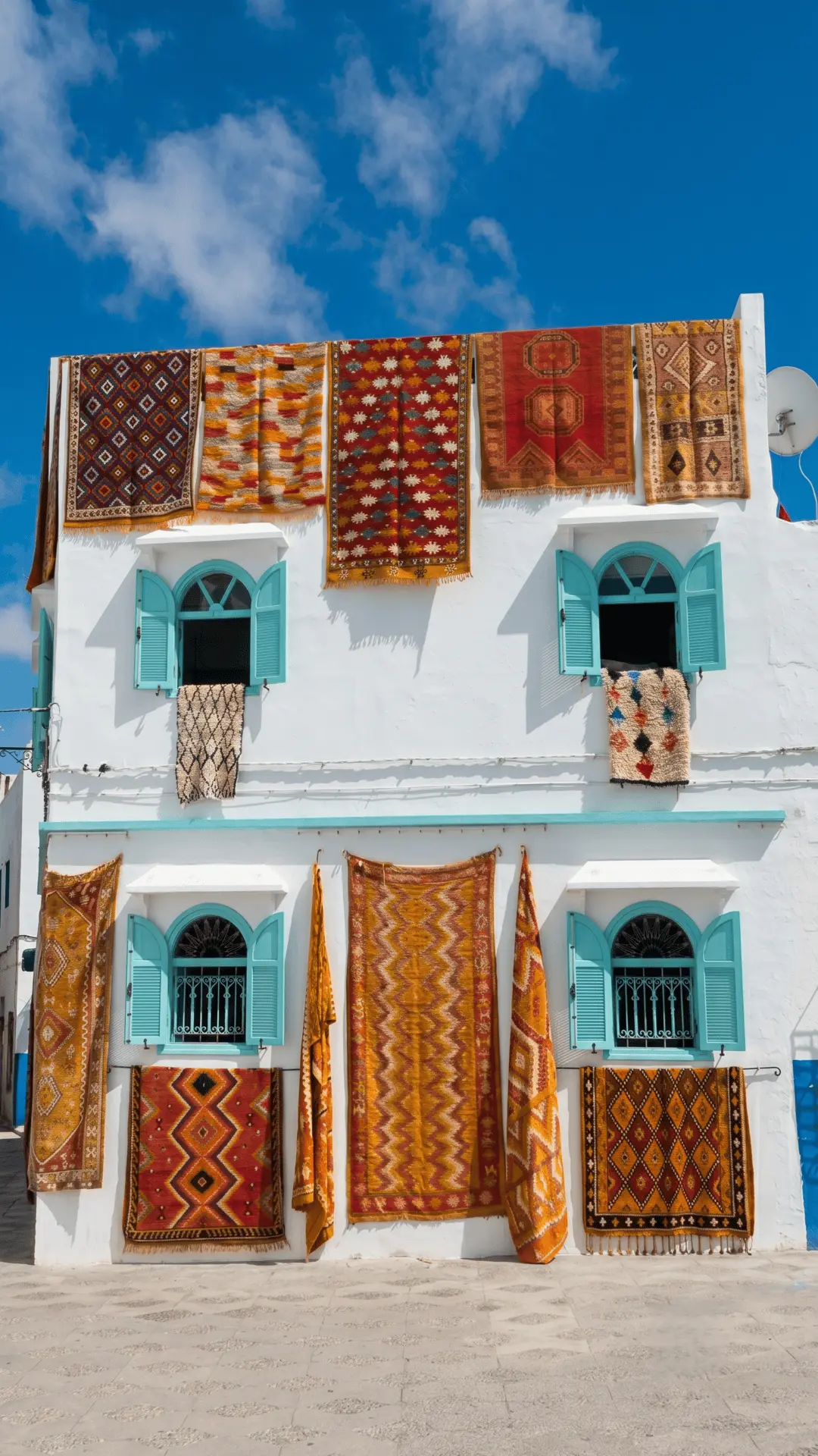 Colorful House with Traditional Rugs - Asilah Medina Traditional Moroccan house in Asilah with colorful rugs hanging on the facade