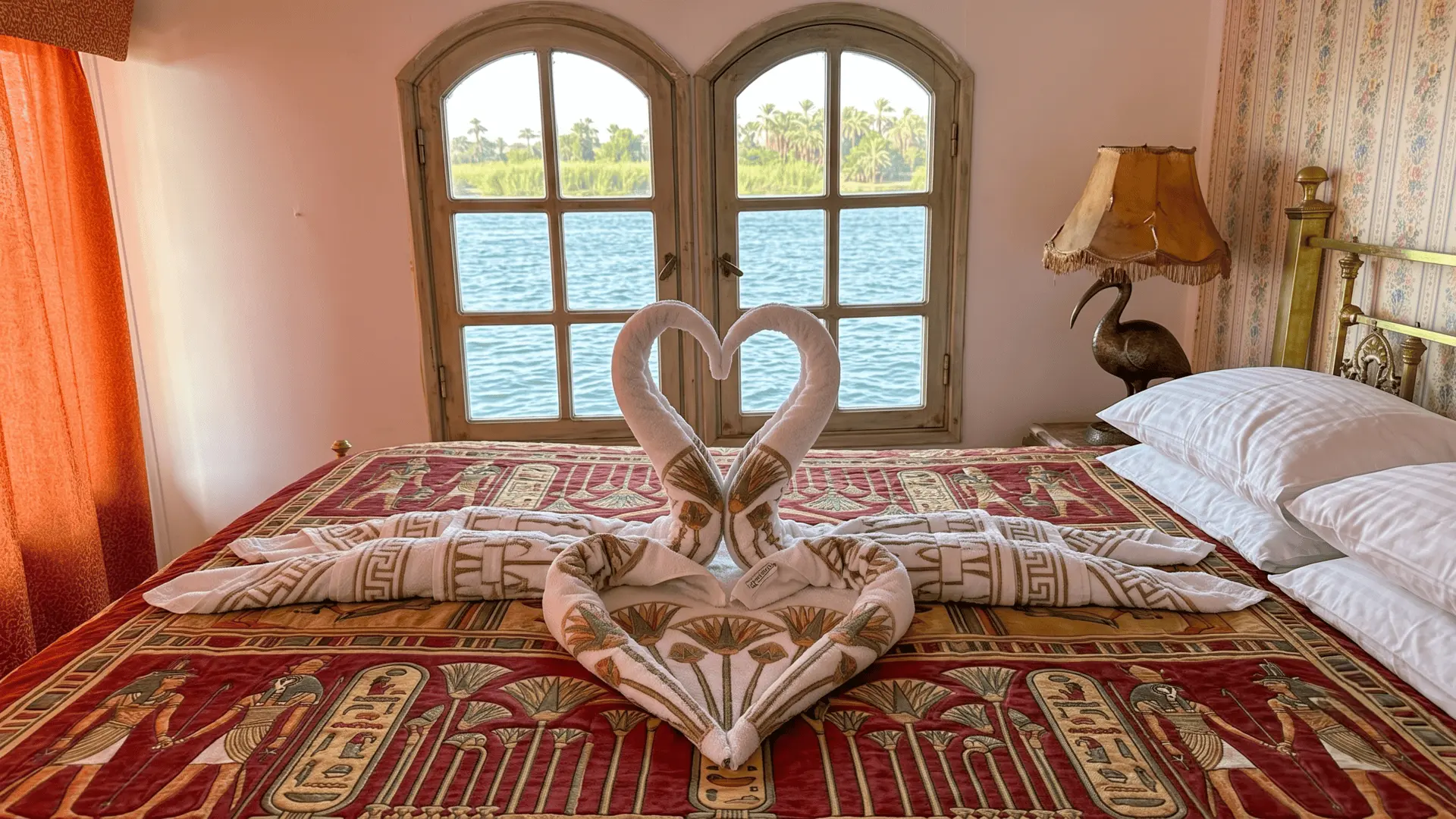 Swan Decor in Dahabiya Cabin | Elegant Nile Cruise Interior Beautiful swan design details inside a luxurious dahabiya cabin on the Nile Cruise