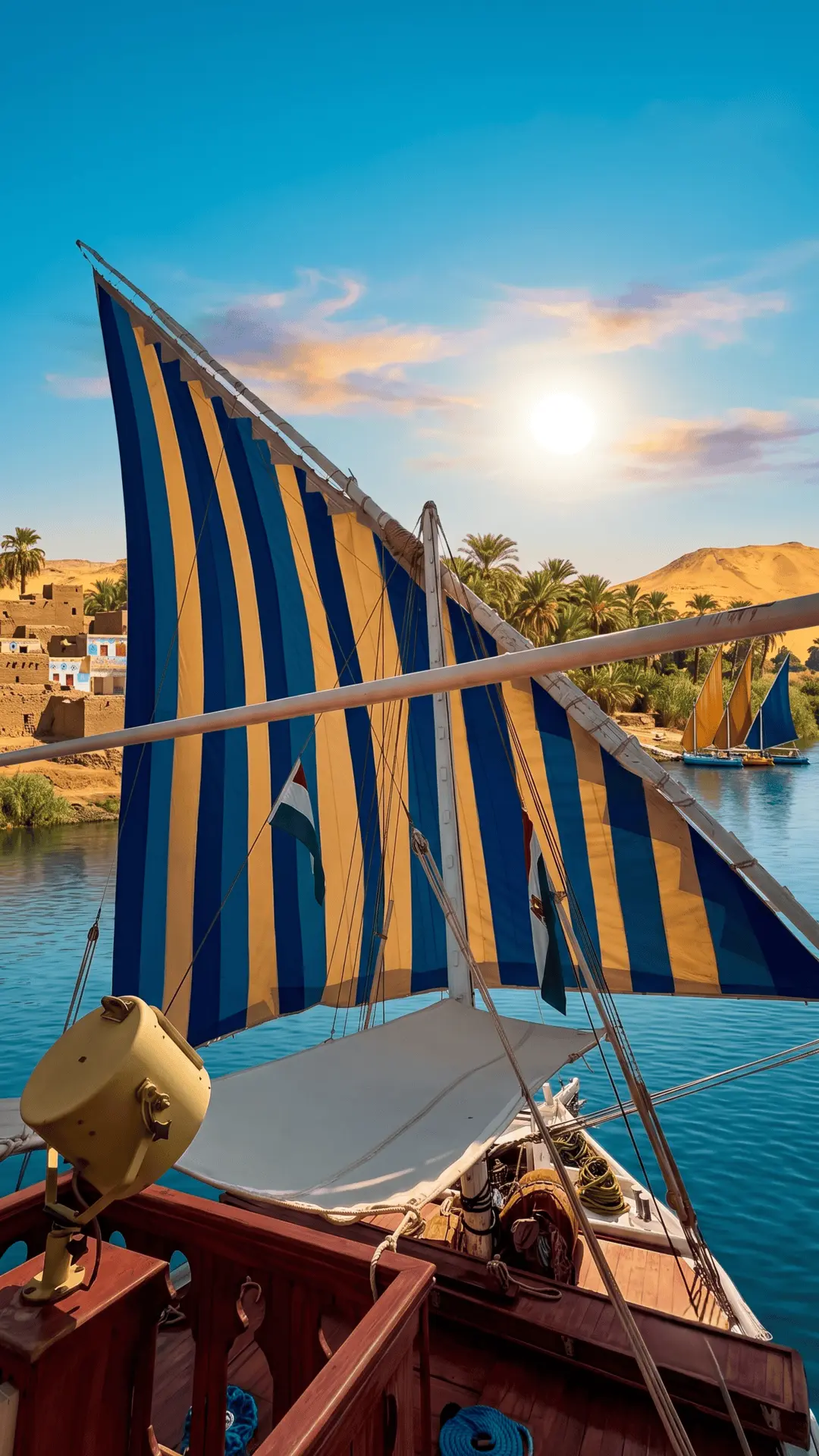 Dahabiya Nile Cruise Under Sail Egypt | Traditional Egyptian Sailing Traditional dahabiya Nile cruise boat sailing gracefully on the Nile River in Egypt