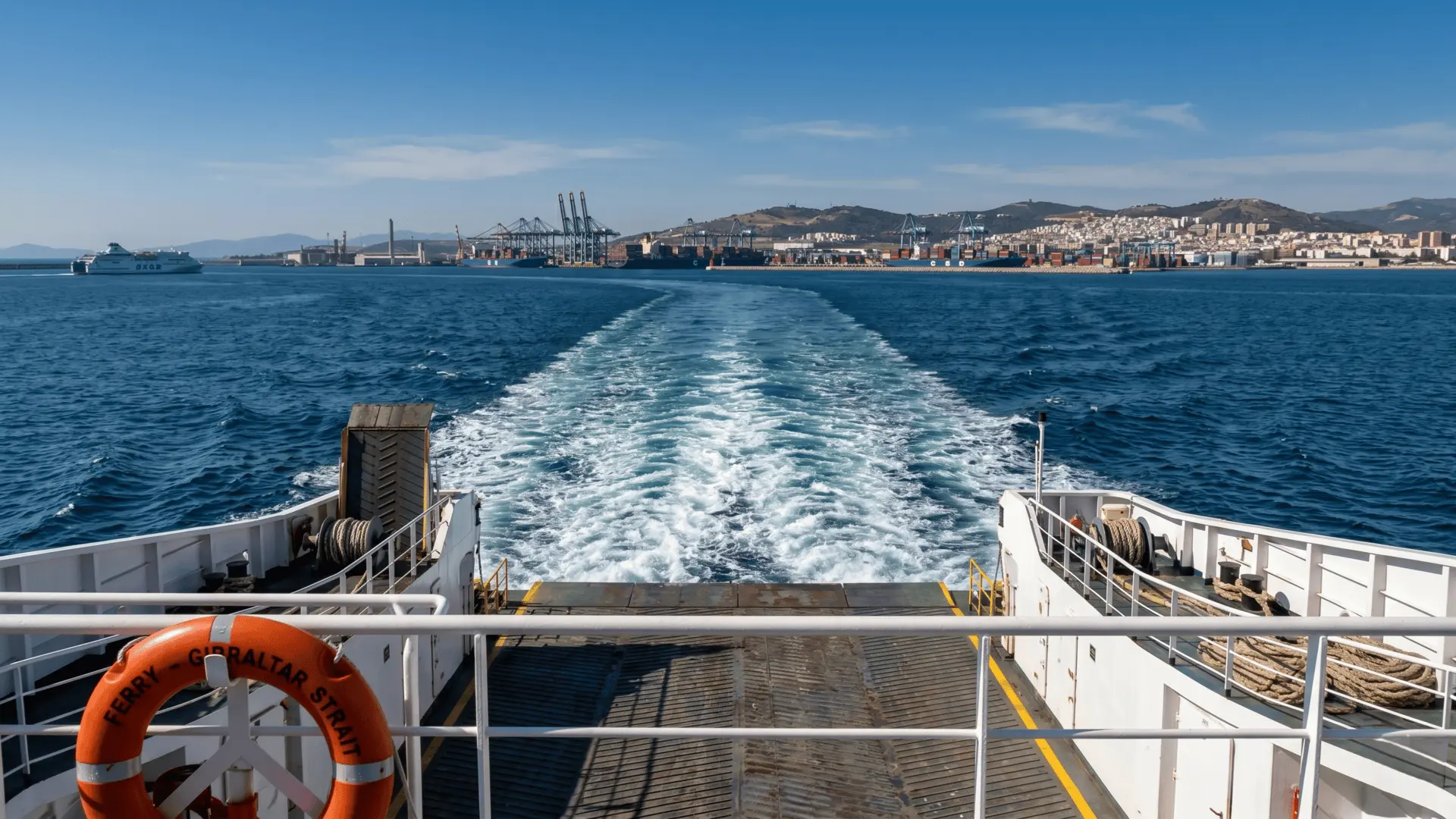 Scenic view from Balearia ferry sailing from Algeciras to Ceuta, Spain View from Balearia Ferry Algeciras to Ceuta
