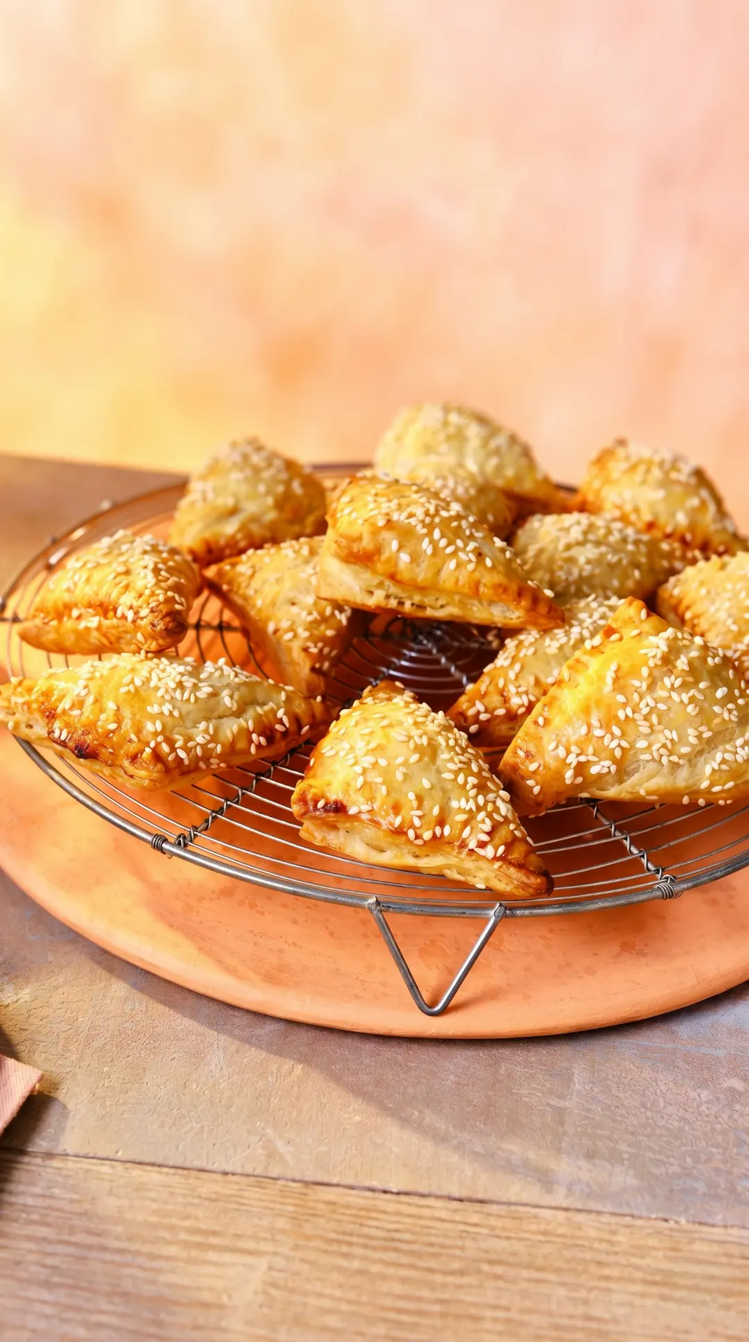 Moroccan Borekas with Savory Beef Filling Fez | Traditional Sesame Pastries Golden flaky Borekas filled with savory beef, sprinkled with sesame seeds, served on a cooling rack in Fez Morocco
