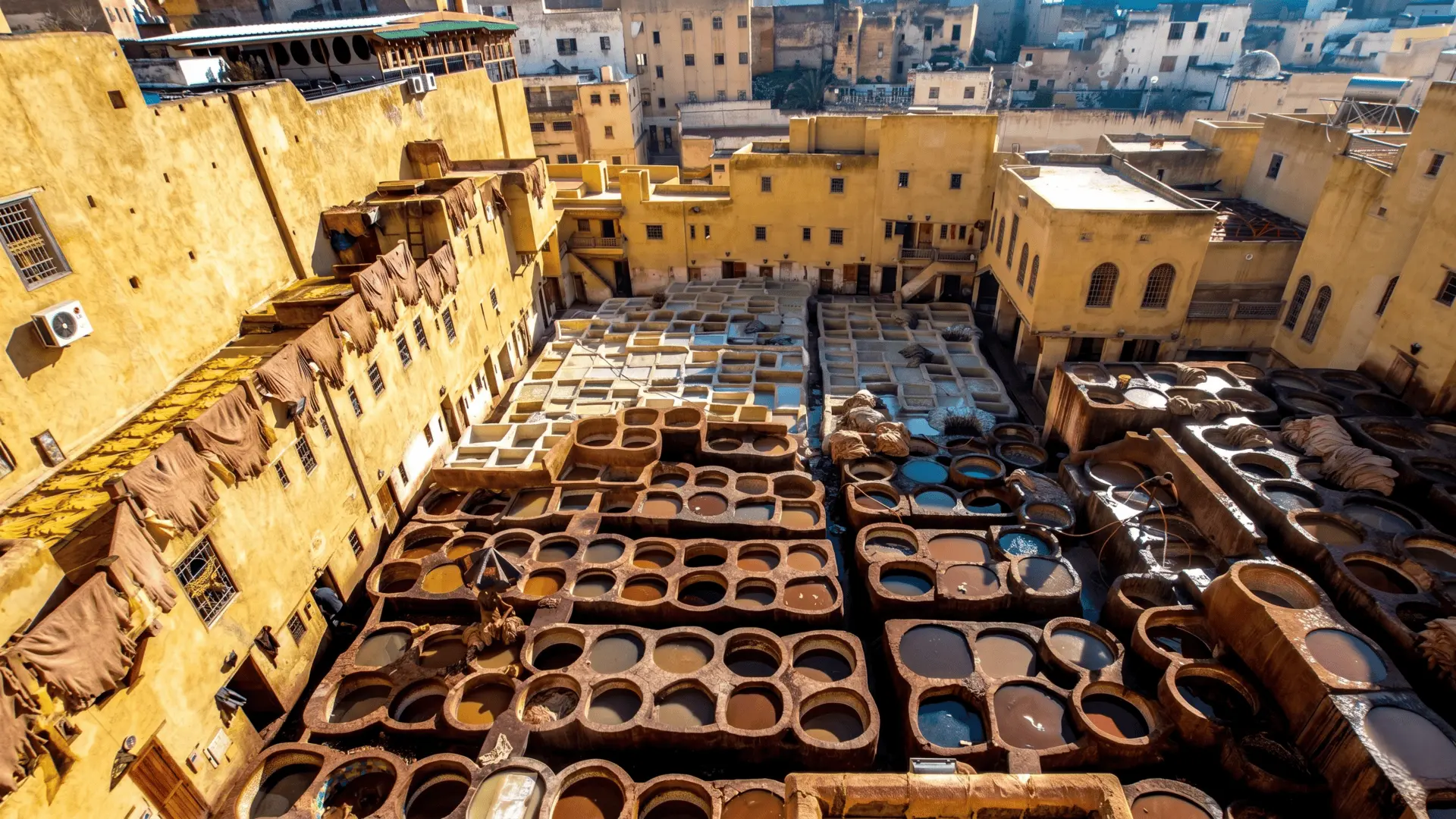 Chouara Tannery Fez | Iconic Leather Dyeing Pits Aerial View Morocco High-angle view of traditional Chouara Tannery with rows of colorful stone dyeing vats in Fez Medina Morocco
