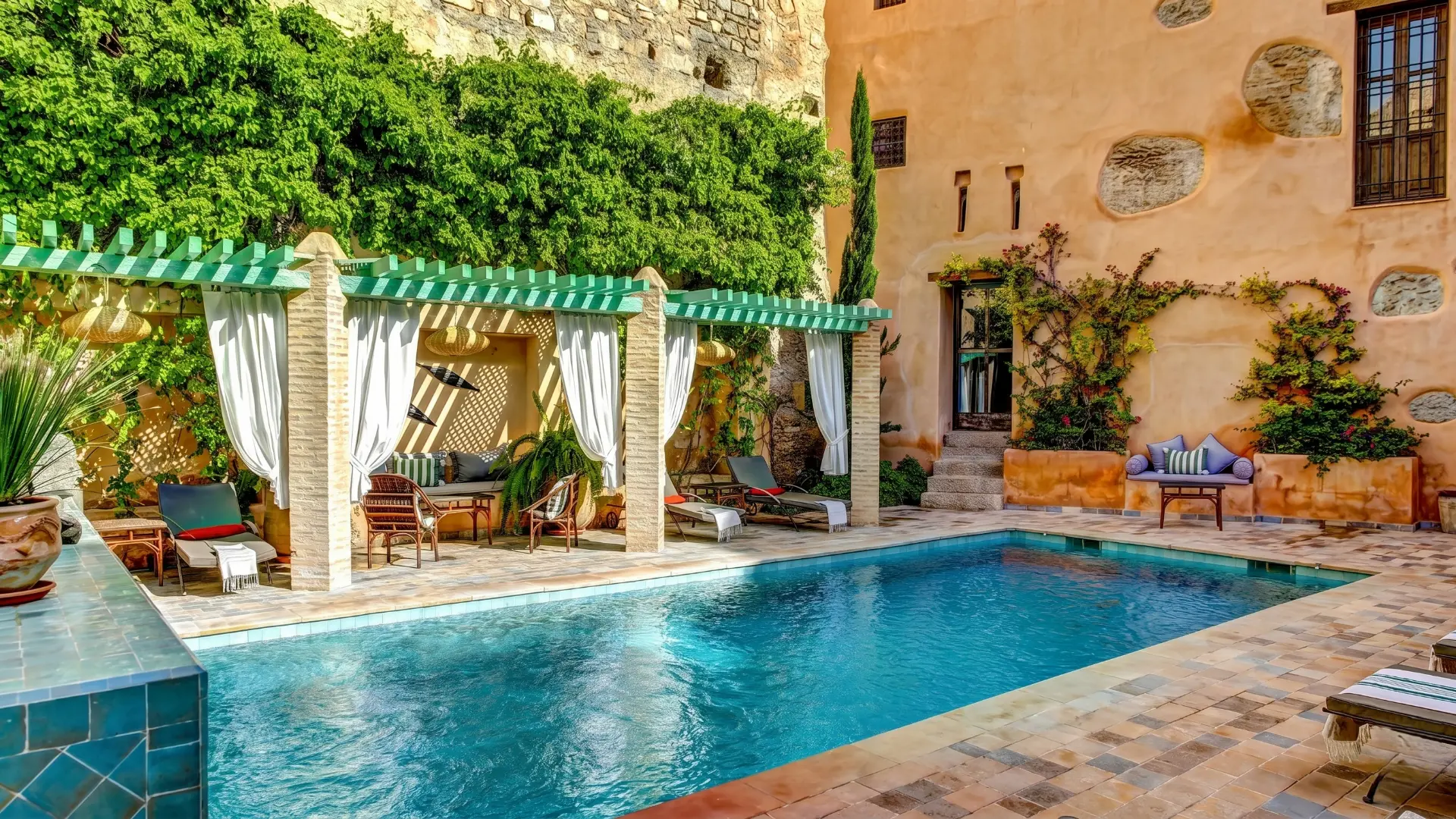 Riad Laaroussa Fez | Luxury Courtyard Pool & Traditional Riad Morocco Beautiful swimming pool in the sunny courtyard of Riad Laaroussa with green pergola, loungers, and historic architecture in Fez Morocco
