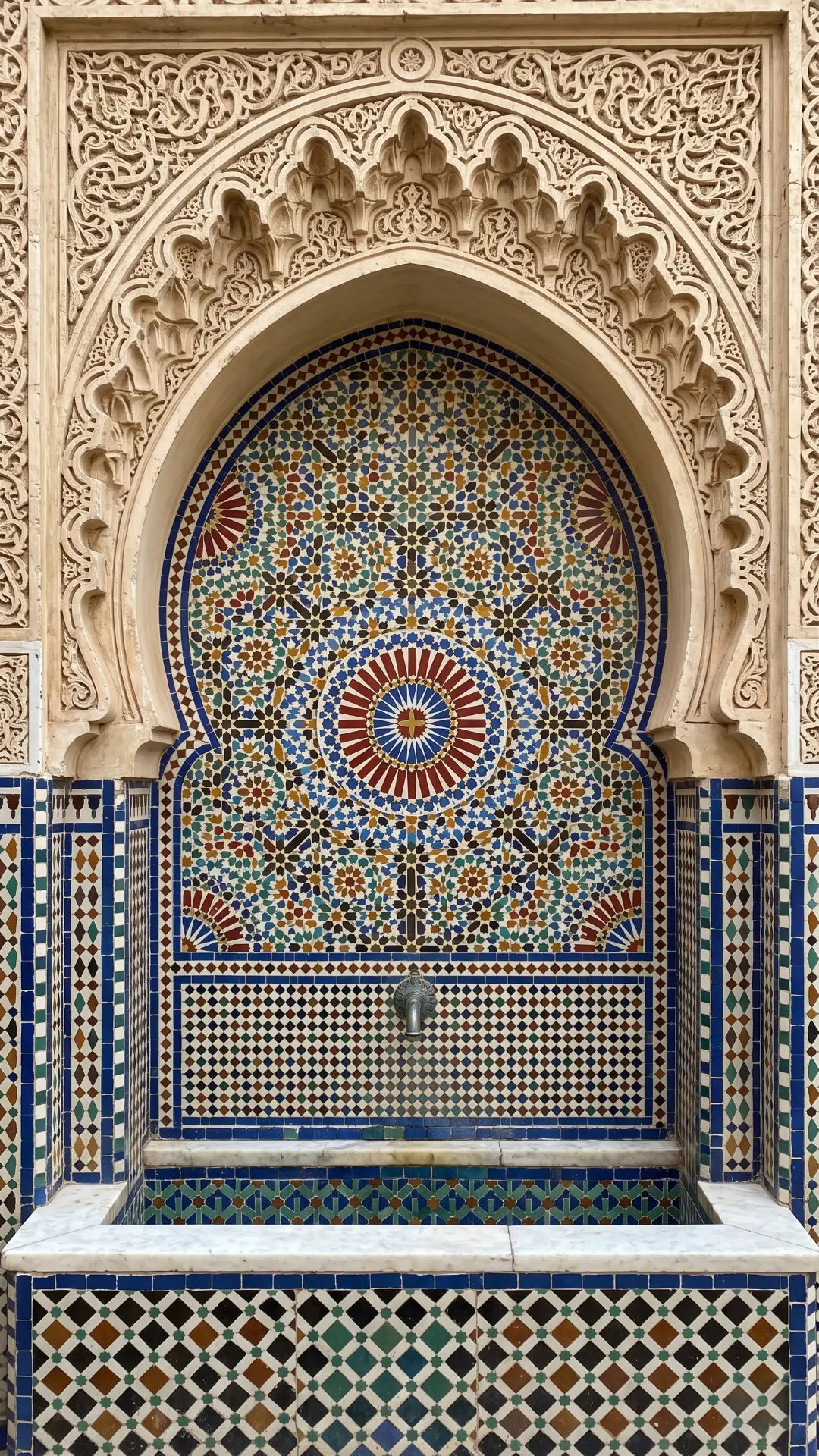 Ornate Mosaic Fountain in Fez Garden | Beautiful Zellige Tilework Morocco White stone fountain on intricate blue and multicolored zellige mosaic platform in lush Fez Garden