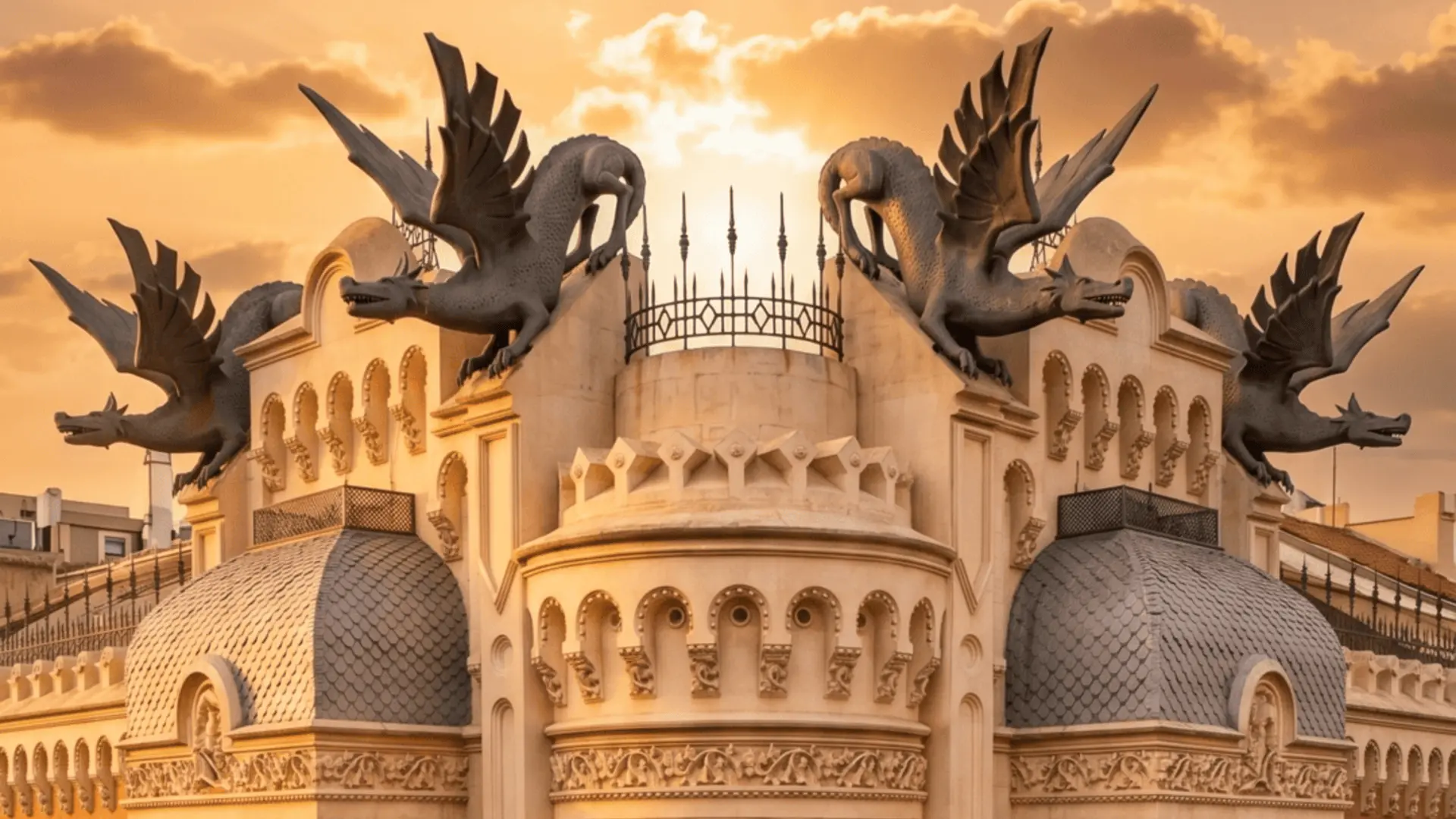 Casa de los Dragones Ceuta Spain – Art Nouveau Dragons Facade Detailed view of the dragon sculptures on Casa de los Dragones in downtown Ceuta, Spain