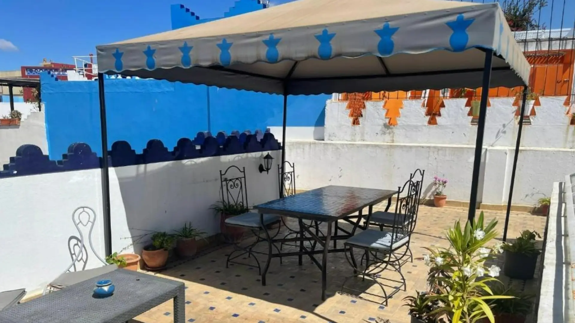 Riad Aicha Terrace - Asilah Morocco Sunny rooftop terrace at Riad Aicha with sea views in Asilah