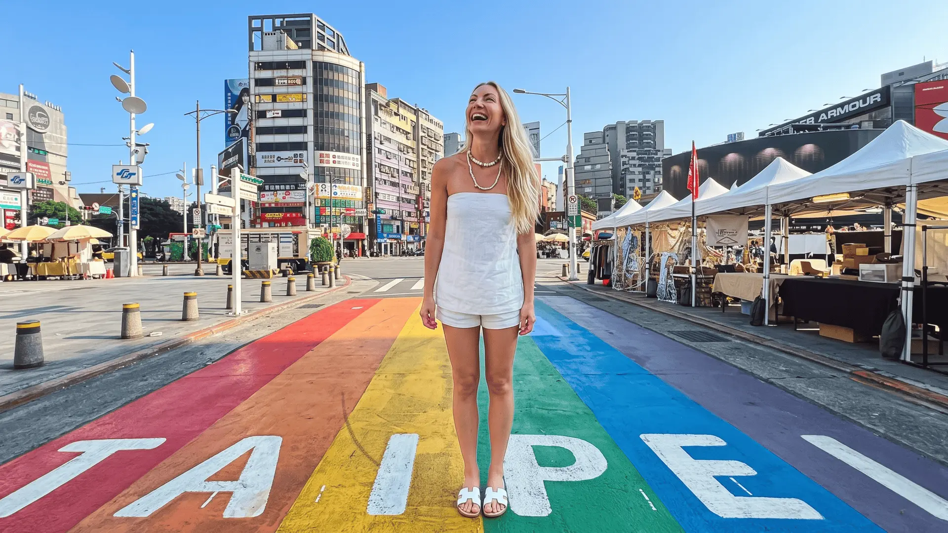 Rainbow Street Ximending Taipei | Colorful LGBTQ+ Alley Taiwan Vibrant Rainbow Street in Ximending Taipei with colorful pride flags and street art